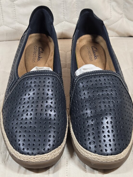 Clarks Shoes - Womens Clarks Elaina Ruby Espadrille Slip-On Leather Flats - Navy Blue - Sz 9